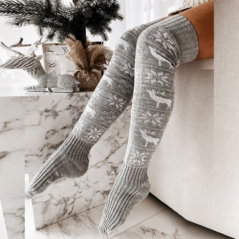 Winter Christmas Warm Knitted Women Stocking Beautiful Elk Snowflake