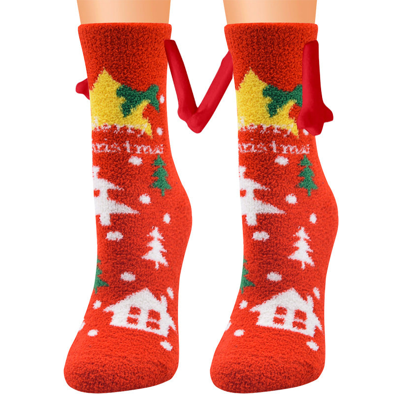 Christmas Supplies Magnetic Suction Hand in Couple Socks Coral Fleece