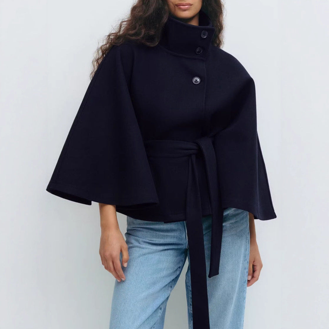 Winter High Neck Batwing Sleeve Coat with Belt Fashion Loose Elegant