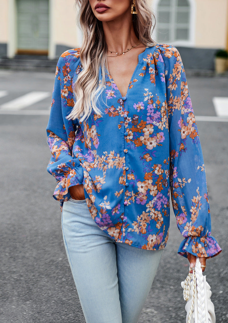 Women's Tops Casual Floral Print V-Neck Long Sleeve Shirts Loose