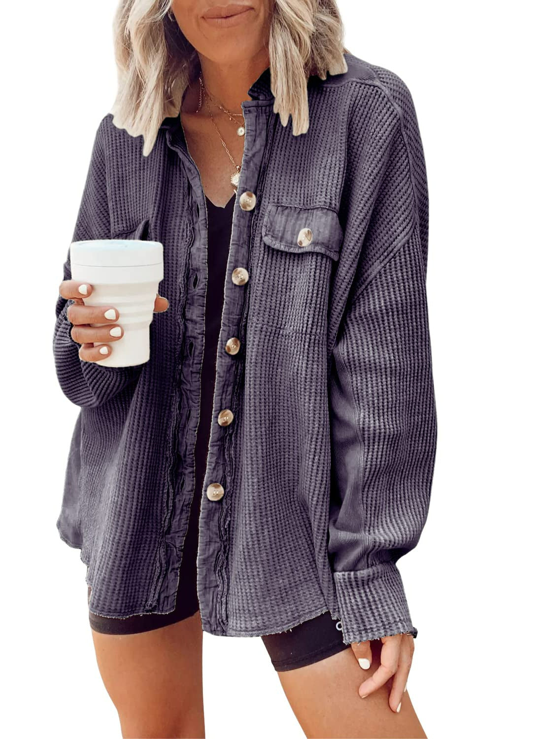 Button Shirt Jacket Women Lapel Long Sleeve Blouse Fashion Tops