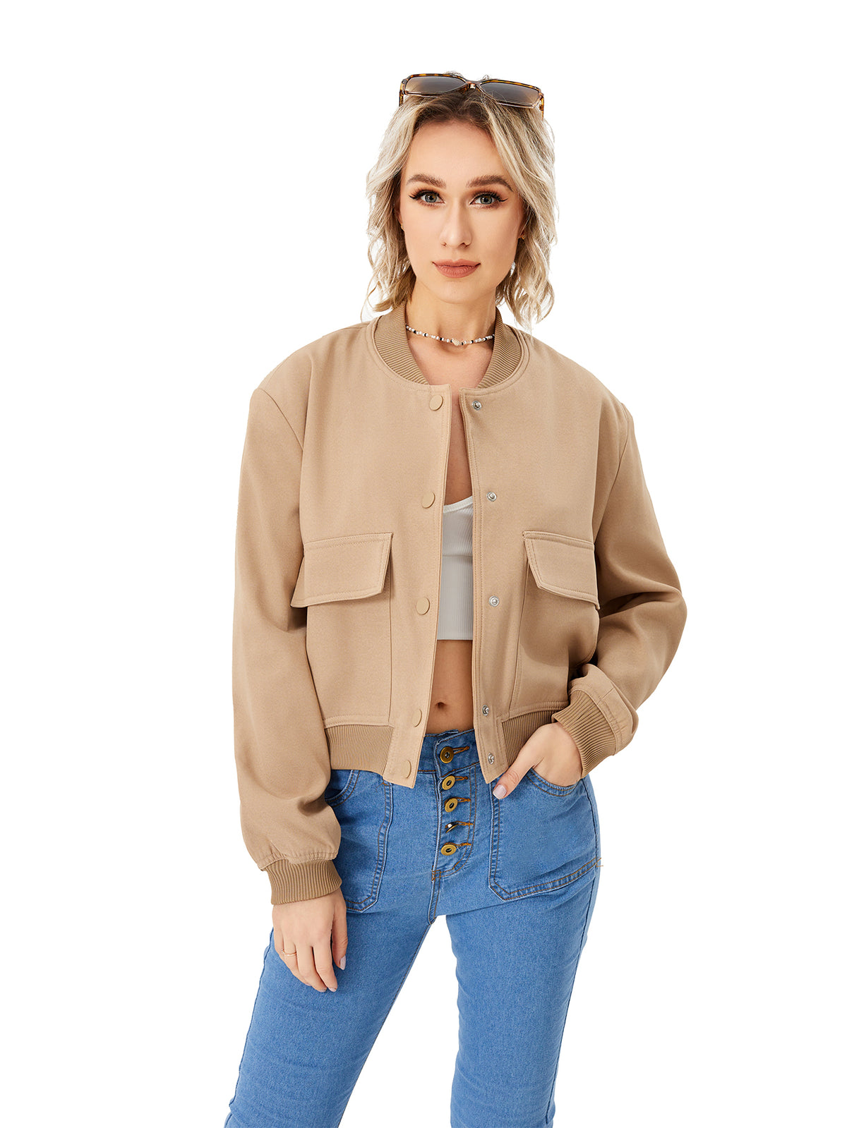 Women's Lightweight Cropped Bomber Jacket Casual Long Sleeve Varsity