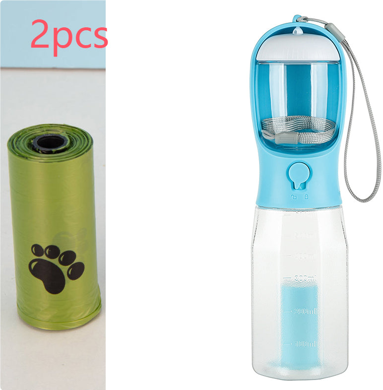 3-in-1 Dog Water Bottle 600 ml - Leakproof Travel Drinker, Food & Poop Bag Holder
