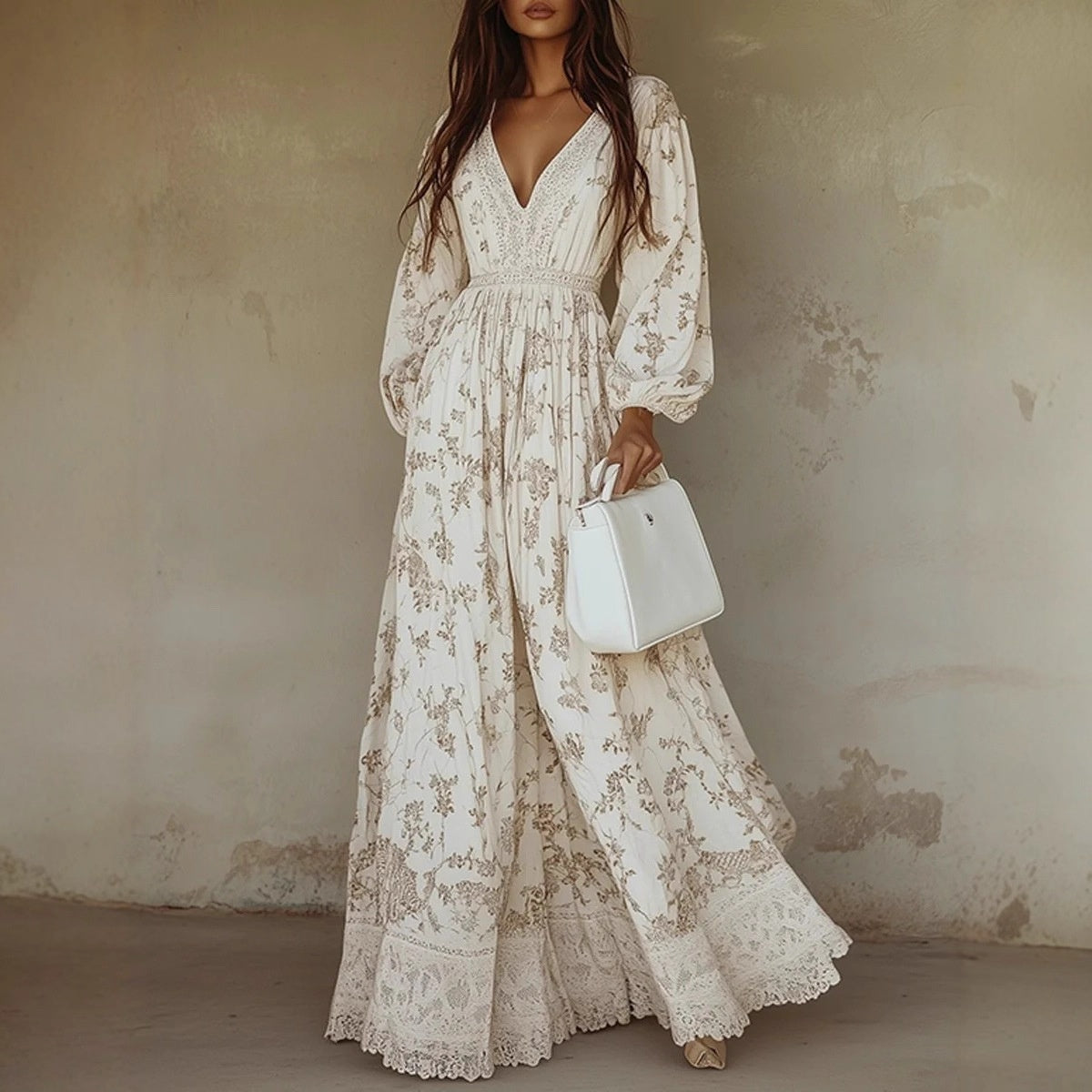 Elegant Women's Hollow Floor V-Neck Long-Sleeved Plant Dress Long