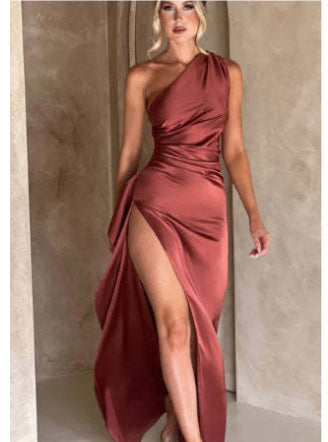 Sexy One-Shoulder Backless Slit Dress Summer Elegant Slim-Fit Solid