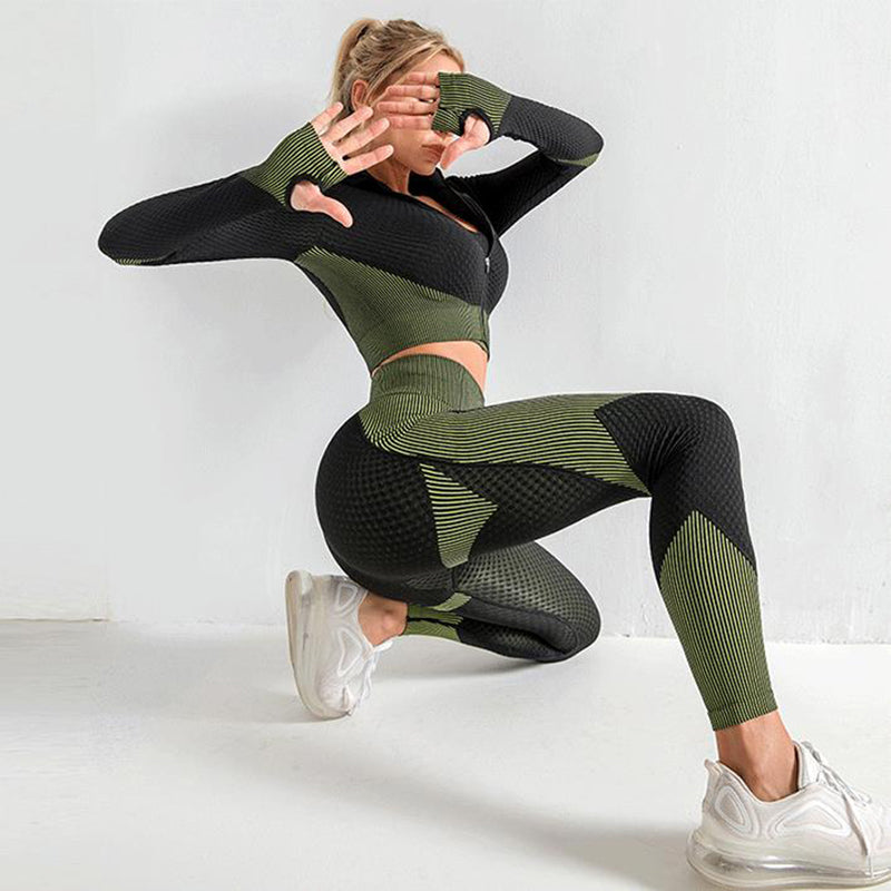 3PCS Yoga Set Seamless Sport Women Gym Clothing Leggings Crop Top
