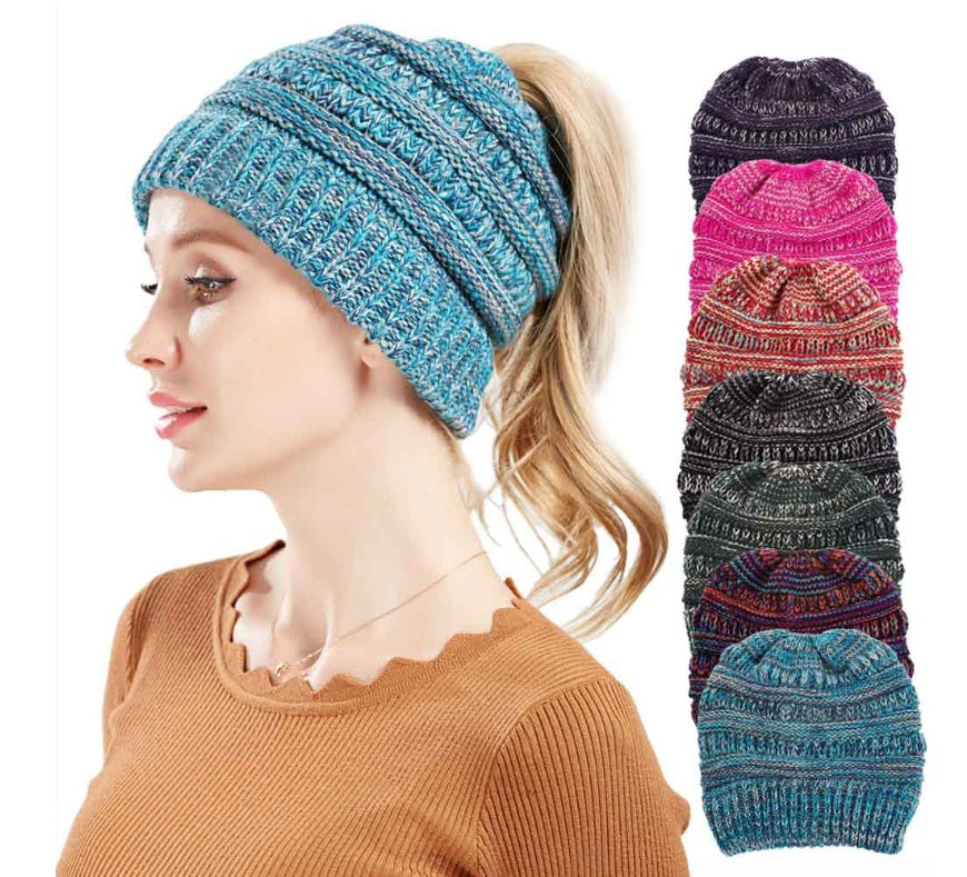 Mixed Color Knitted Wool Hat Ladies Non-Labeled Ponytail