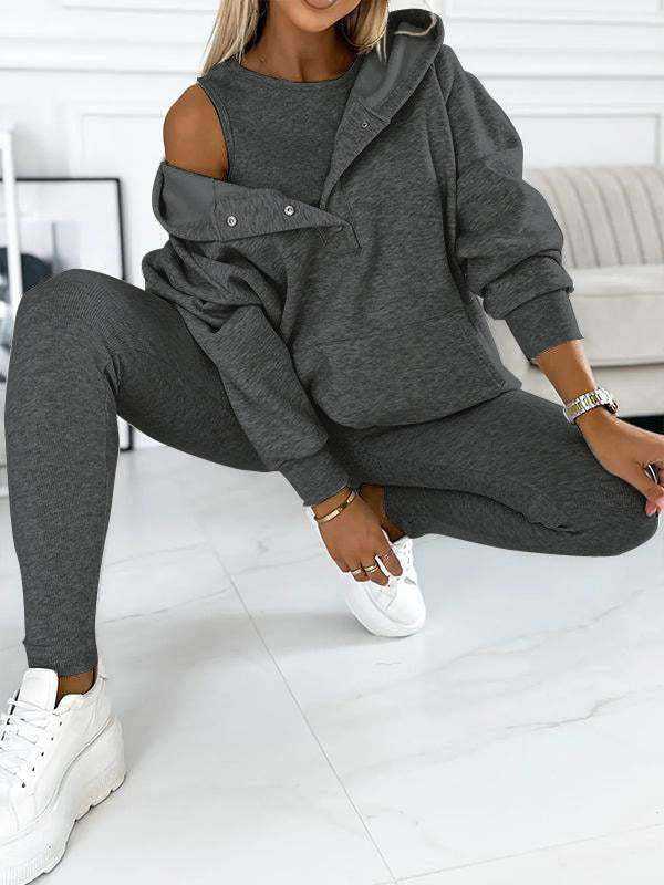 3pcs Women's Sports Suit Loose Hooded Pockets Sweatshirt and Vest