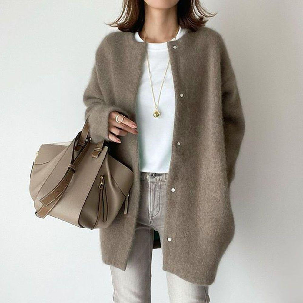 Loose Round Neck Single Breasted Cardigan Fashion Solid Color Coat