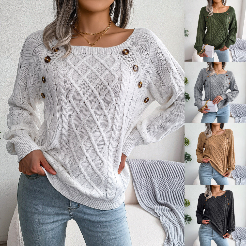 Square Neck Knitted Sweater with Button Design Winter Warm Long