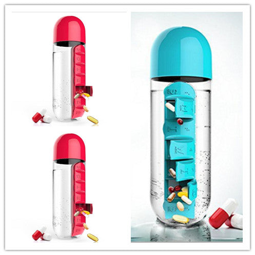 2-in-1 Water Bottle with Pill Box - Travel Cup with Storage