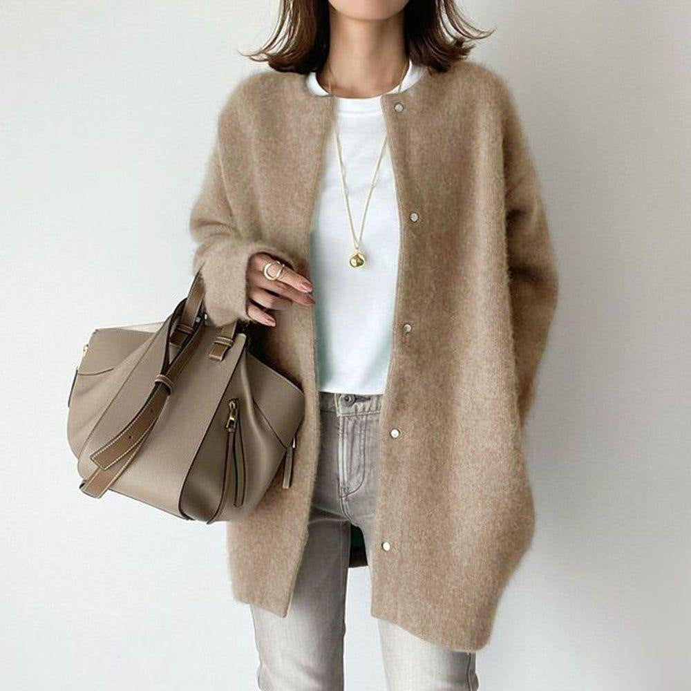 Loose Round Neck Single Breasted Cardigan Fashion Solid Color Coat