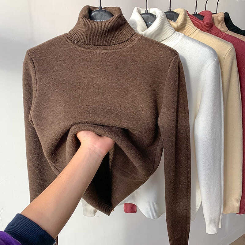 Fleece Turtle Neck Sweater Winter Warm Elegant Thick Knitted Pullover