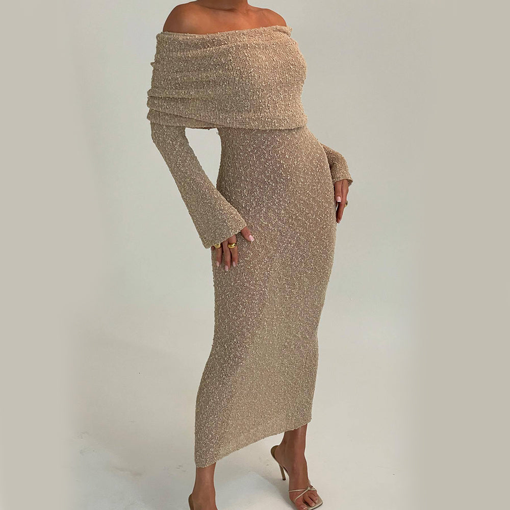 One-Shoulder Knitted Long-Sleeved Dress Sexy Beach Holiday Long
