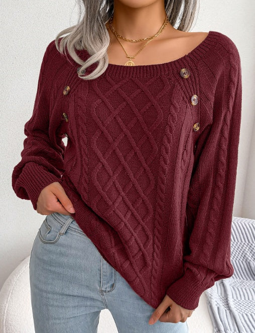 Square Neck Knitted Sweater with Button Design Winter Warm Long