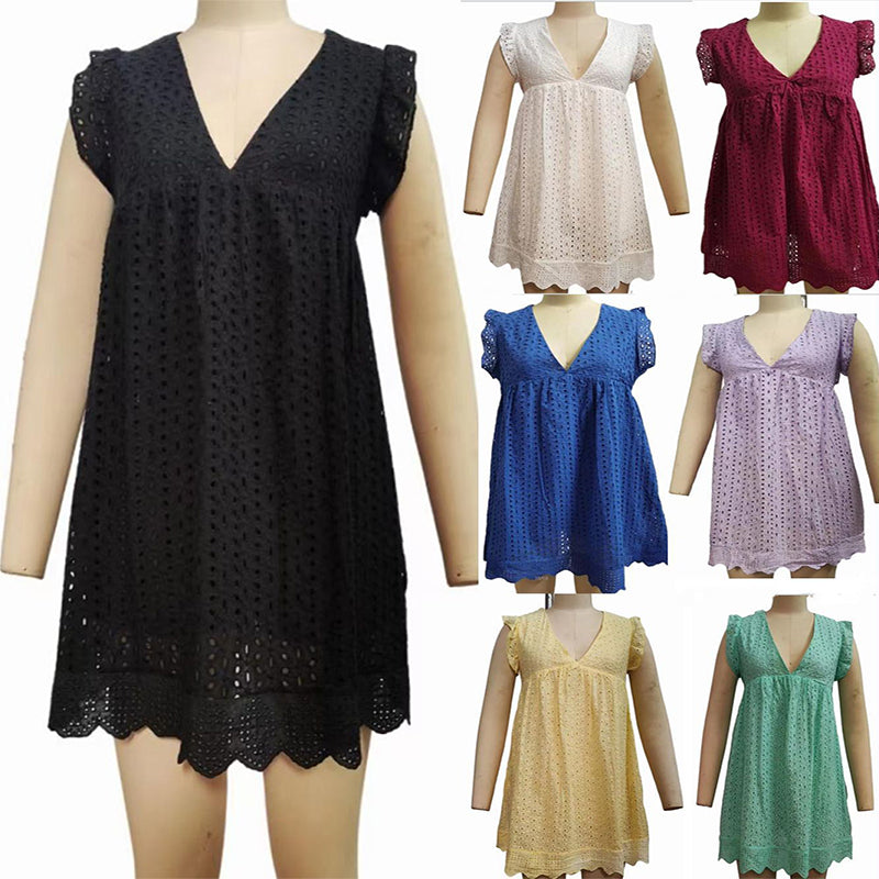 Lace Dresses with Pocket Summer Sleeveless Jacquard Cutout V-Neck