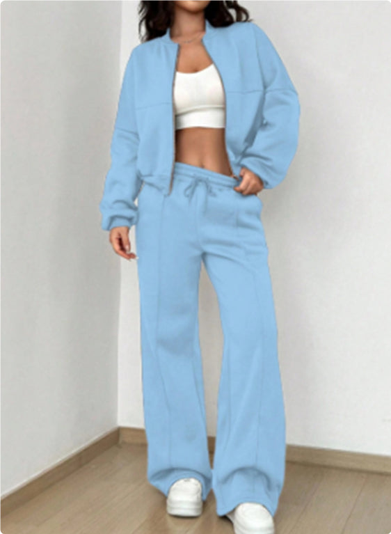Women's Sports Suits Zipper Jacket and Wide Leg Pants Two-Piece Set