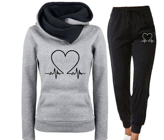 Love Heart Printed Sports Suit Hooded Sweatshirt Top and Drawstring