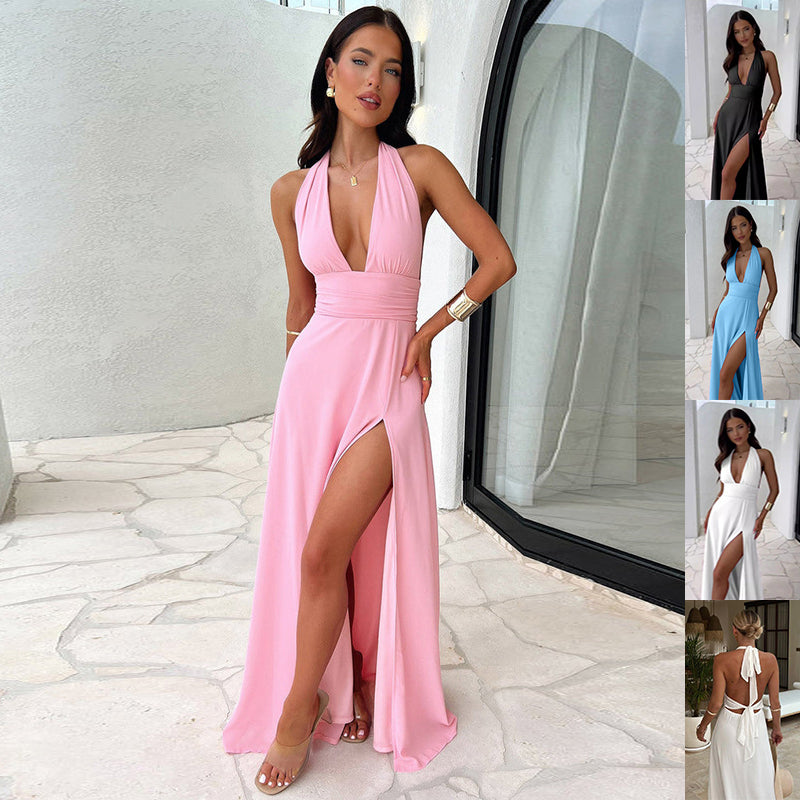 Sexy Halterneck V-Neck Slit Dress Summer Backless Strappy Skirt