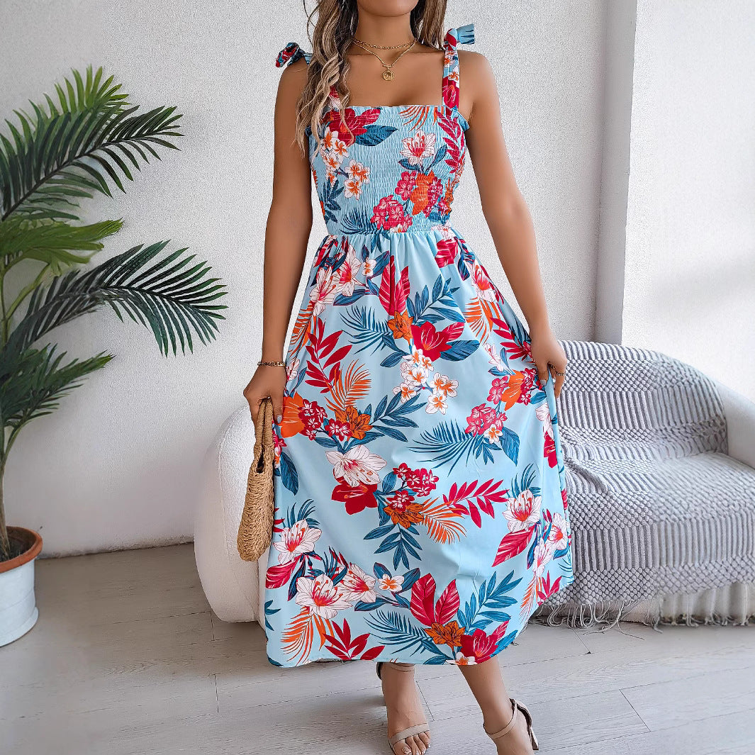 Flowers Print Suspender Corset Dress Fashion Holiday Beach Long