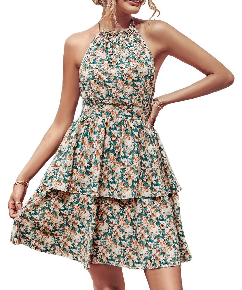 Summer Printed Halter Dress Fashion Boho Backless Ruffled A-Line