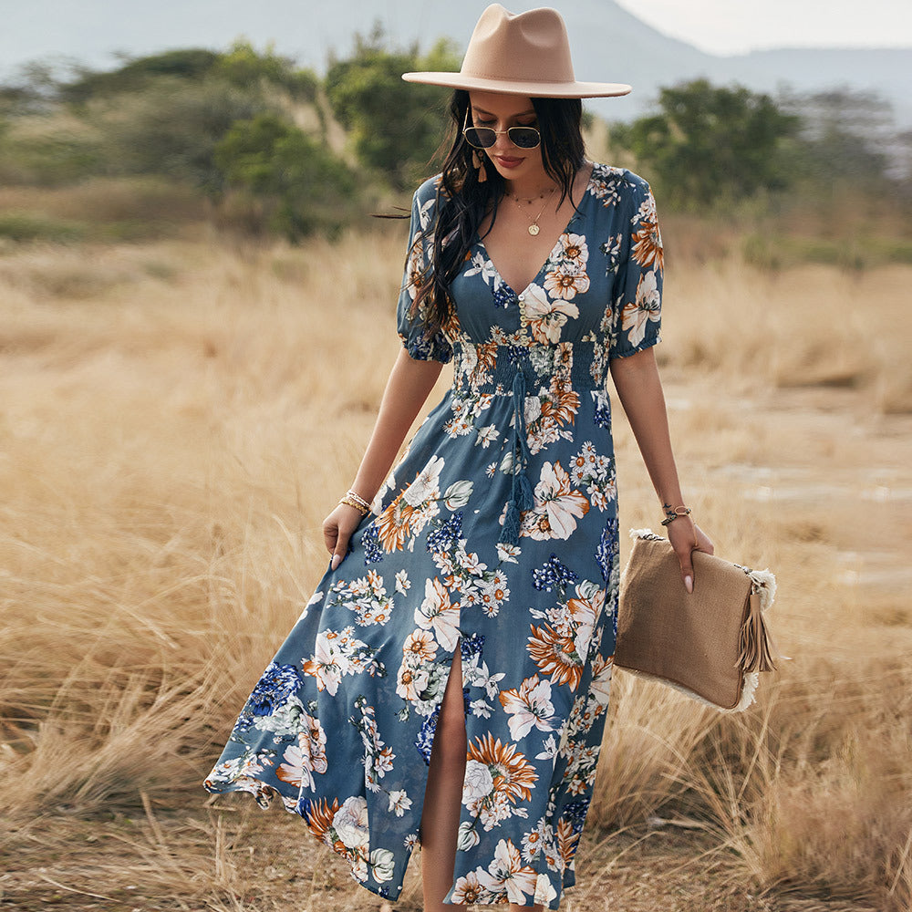 Floral Summer Beach Dress with V-Neck Elastic Waist Dresses for Women