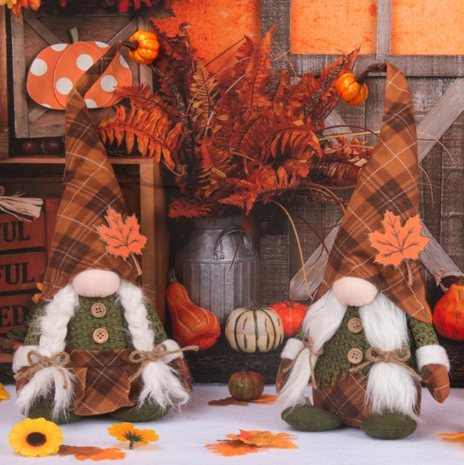 Halloween Fall Gnome Doll - Faceless Plaid Gnome with Maple Leaf, 51 cm