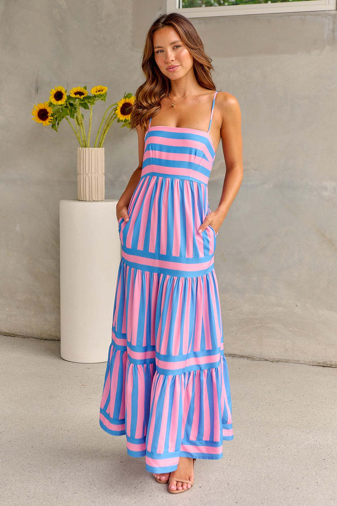 Summer Striped Printed Suspender Long Dress with Pockets Fashion