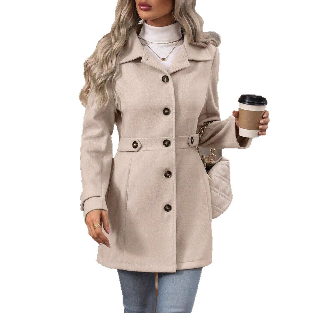 Elegant Single-Breasted Woolen Coat Buttons Lapel Mid-Length Jacket