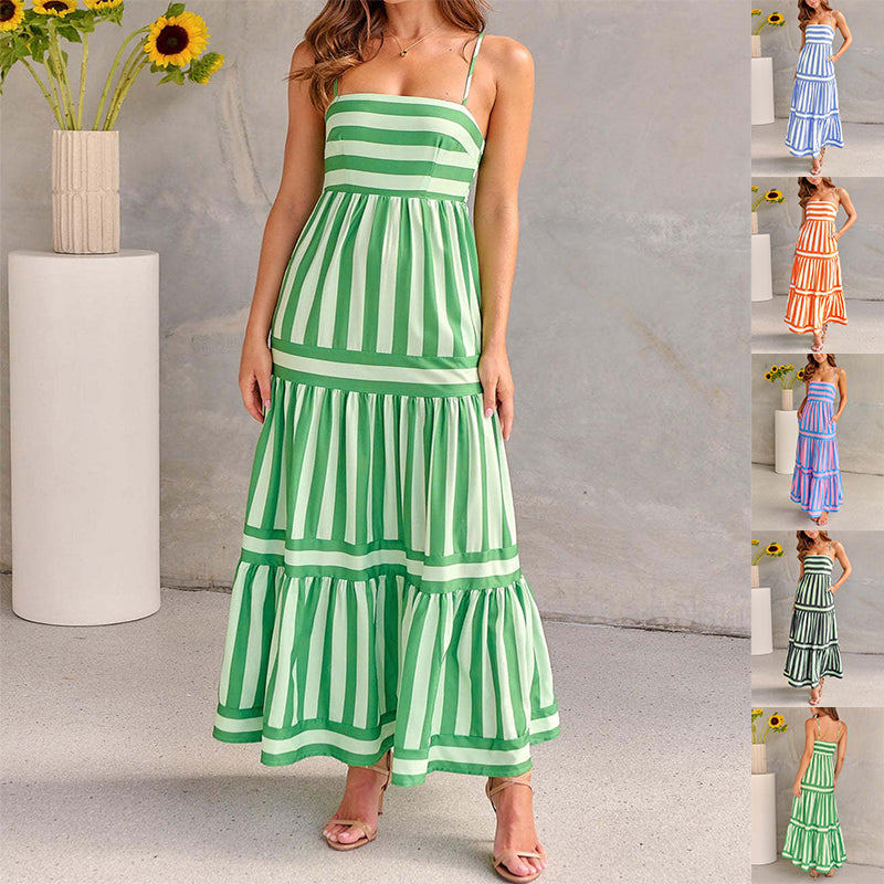 Summer Striped Printed Suspender Long Dress with Pockets Fashion