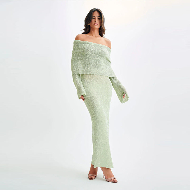 One-Shoulder Knitted Long-Sleeved Dress Sexy Beach Holiday Long