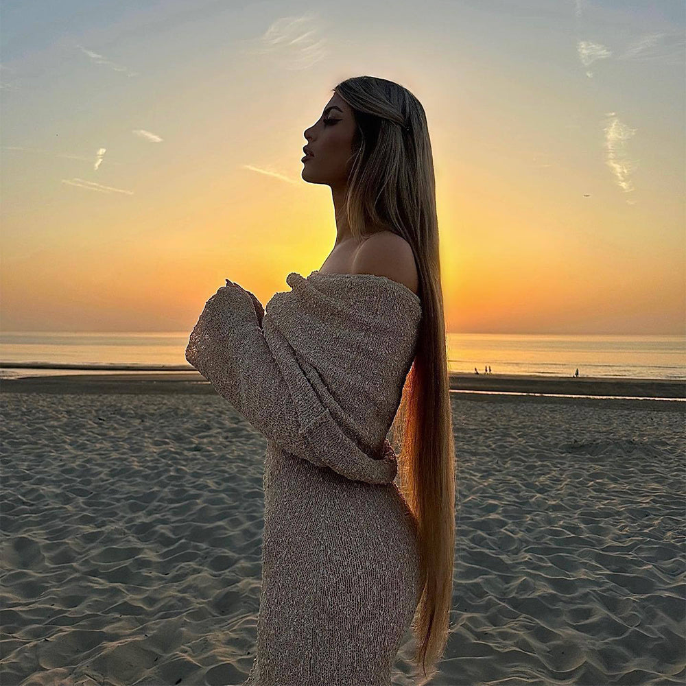 One-Shoulder Knitted Long-Sleeved Dress Sexy Beach Holiday Long