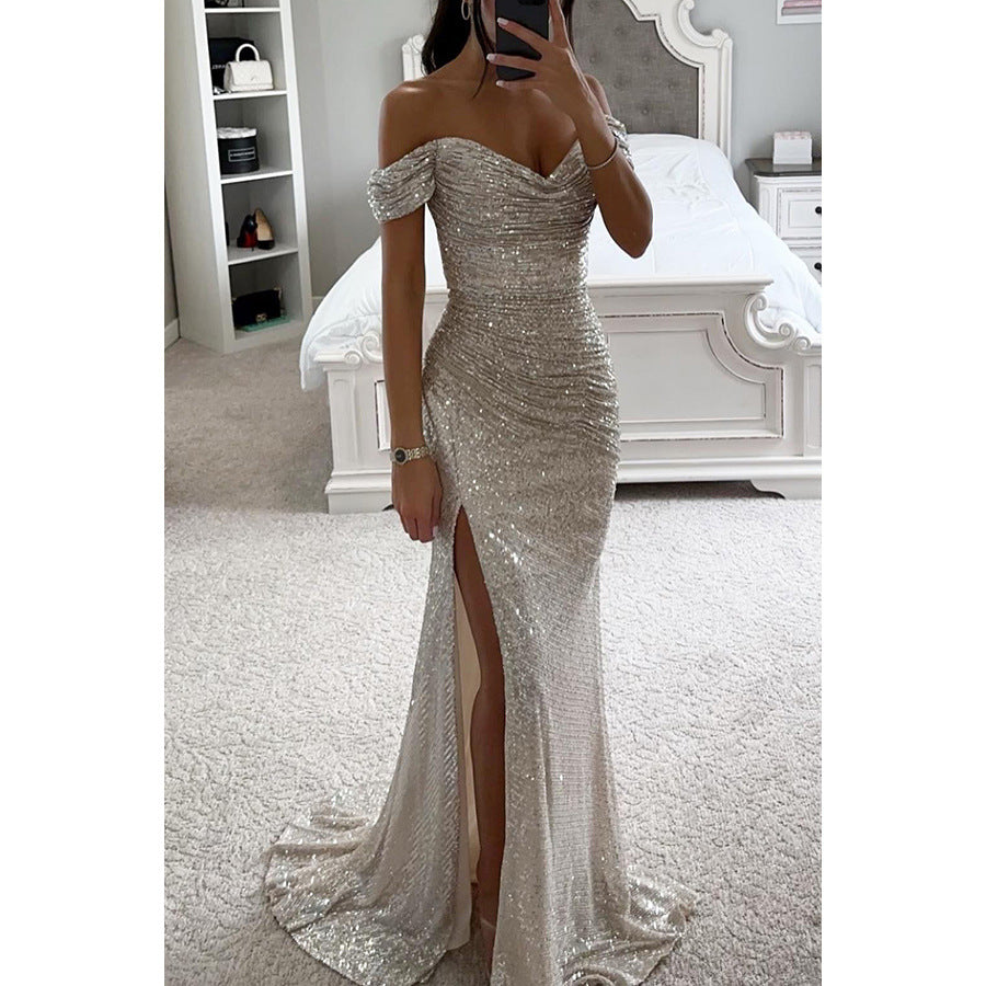 Party Sequins Off-Neck Split Dress Casual Fashion Women Charming