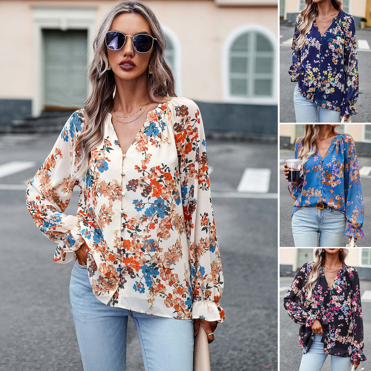 Women's Tops Casual Floral Print V-Neck Long Sleeve Shirts Loose