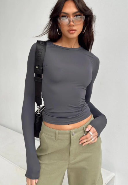 Women's Clothing Fashion Slim Long-Sleeved Pullovers Tops Solid