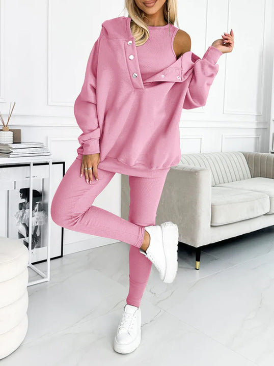 3pcs Women's Sports Suit Loose Hooded Pockets Sweatshirt and Vest
