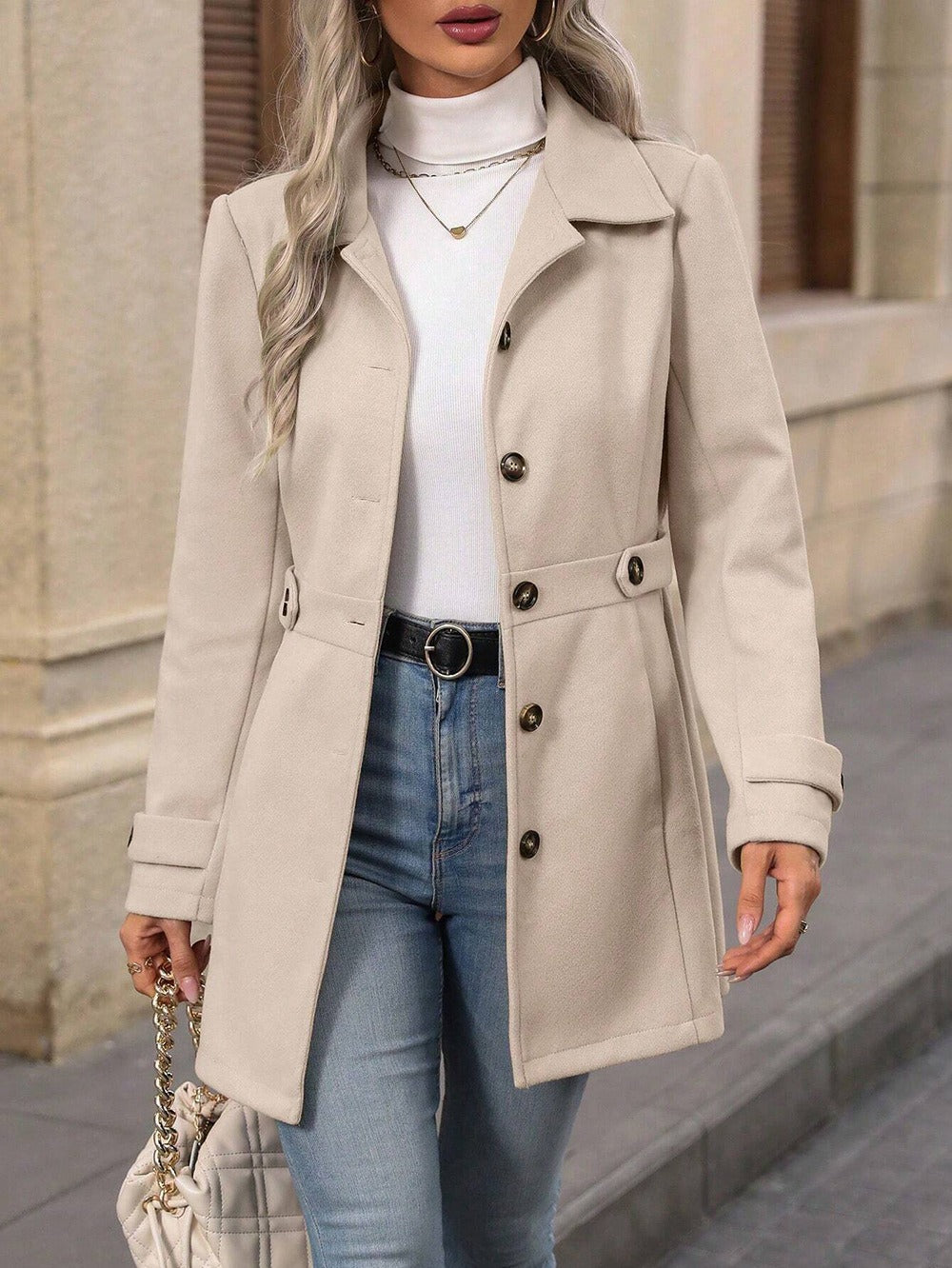 Elegant Single-Breasted Woolen Coat Buttons Lapel Mid-Length Jacket
