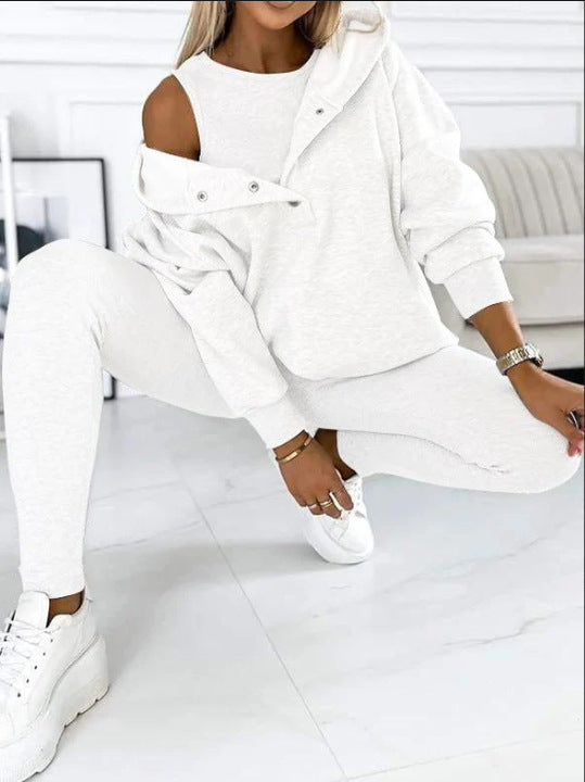 3pcs Women's Sports Suit Loose Hooded Pockets Sweatshirt and Vest