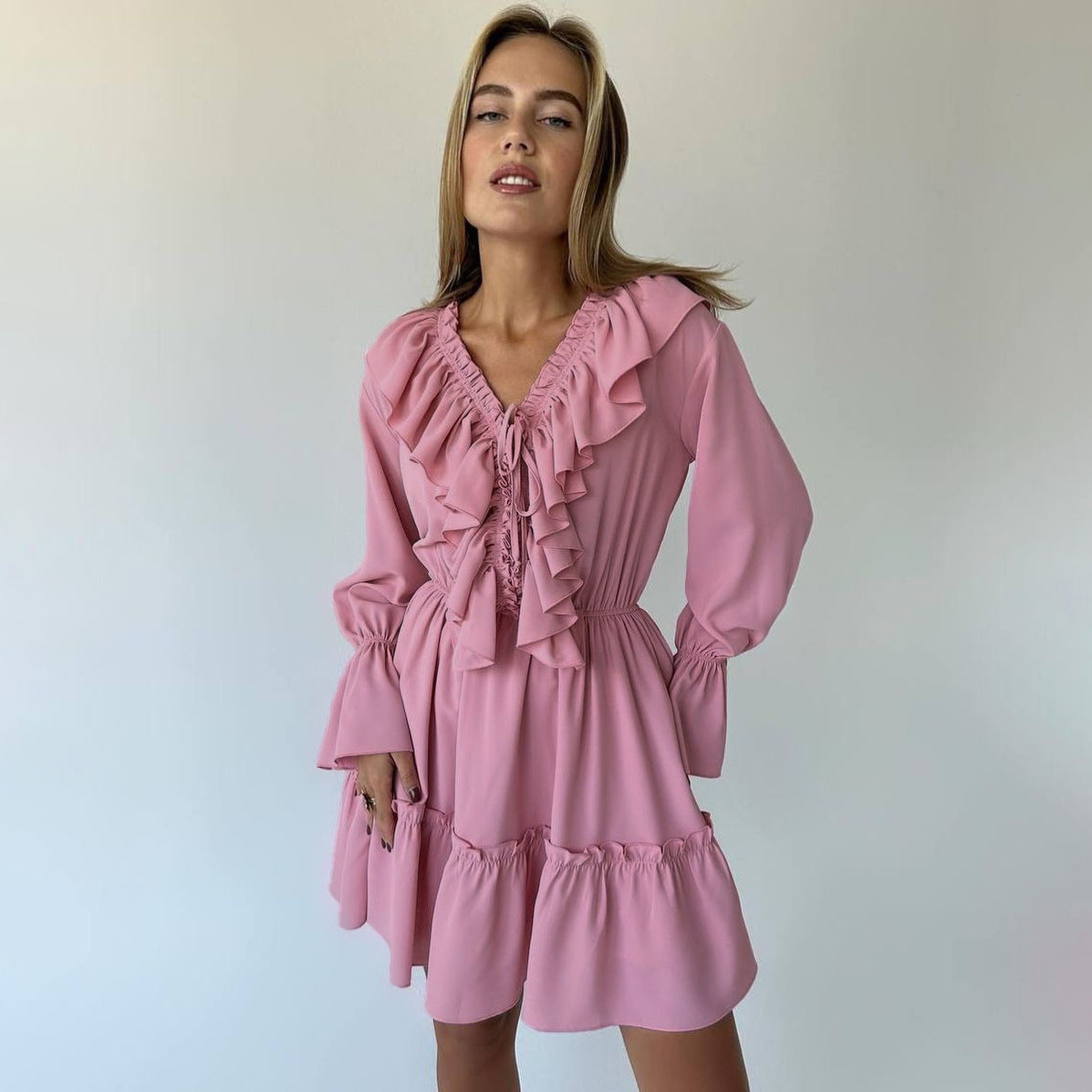 Fashion V-Neck Pleated Ruffle Long Sleeve Dress Y2K Flared Short