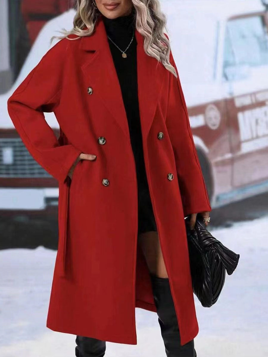 Lapel Double-Breasted Trench Coat with Belt Winter Fashion Solid