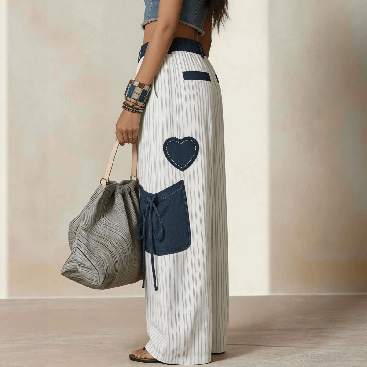 Women's White Wide-Leg Pants with Appliqué Details