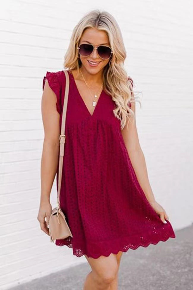 Lace Dresses with Pocket Summer Sleeveless Jacquard Cutout V-Neck