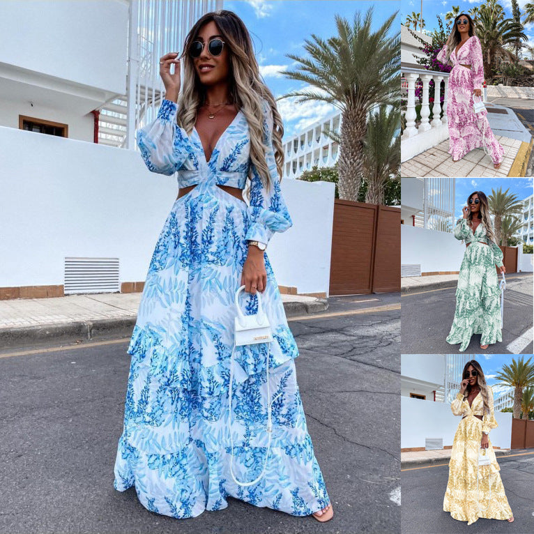 Elegant Women's Hollow Floor V-Neck Long-Sleeved Plant Dress Long