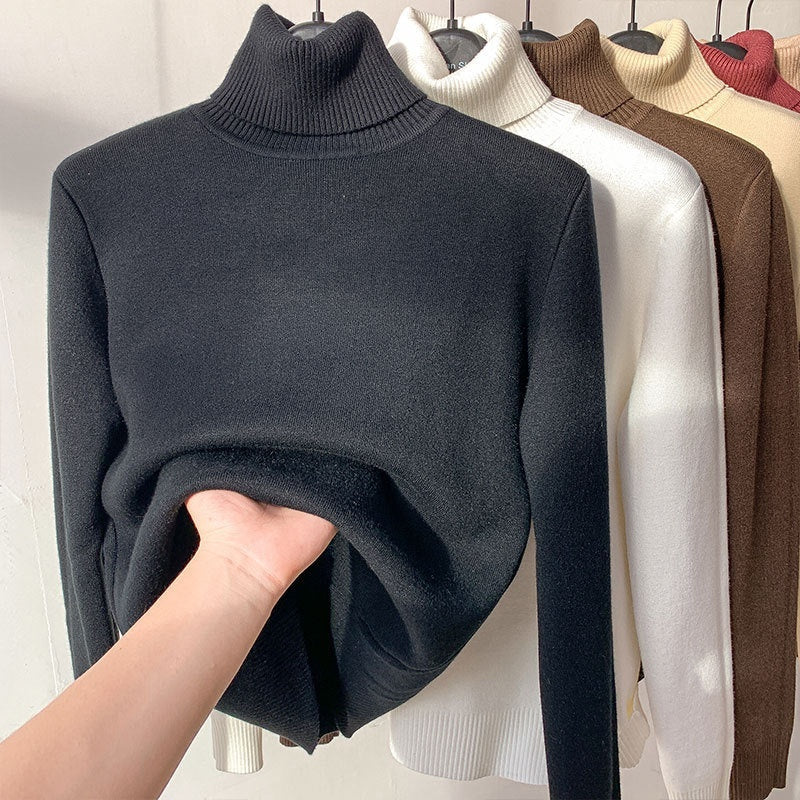 Fleece Turtle Neck Sweater Winter Warm Elegant Thick Knitted Pullover
