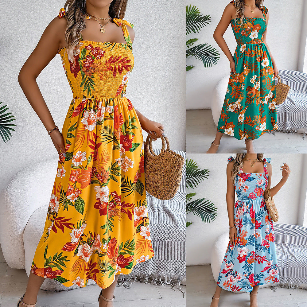 Flowers Print Suspender Corset Dress Fashion Holiday Beach Long