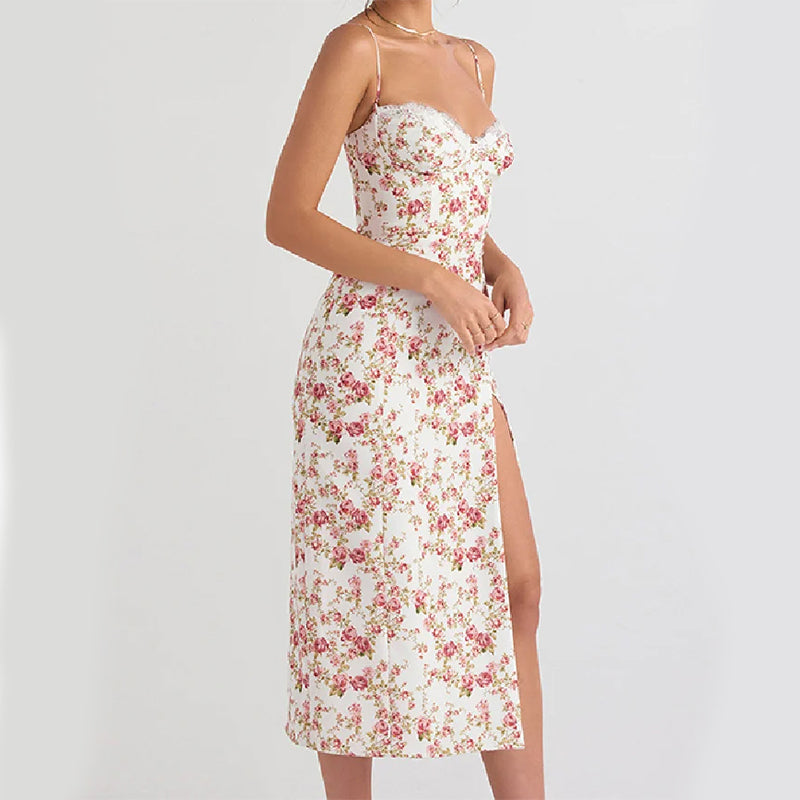 Lace Flowers Print Long Dress Sexy Fashion Slit Suspender Summer