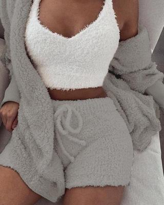 3pcs Women's Clothing Long Sleeve Crop Tank Top and Drawstring Shorts