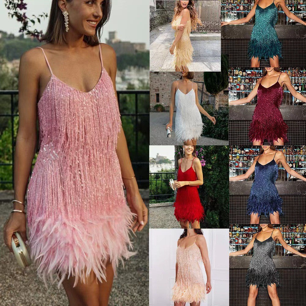 Sexy Tassel Sequins Feather Summer Mini Dress Women V-Neck Spaghetti