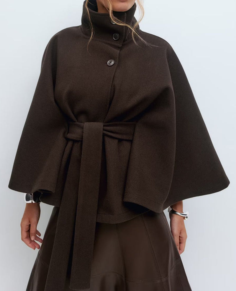 Winter High Neck Batwing Sleeve Coat with Belt Fashion Loose Elegant