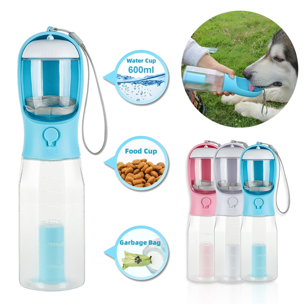 3-in-1 Dog Water Bottle 600 ml - Leakproof Travel Drinker, Food & Poop Bag Holder
